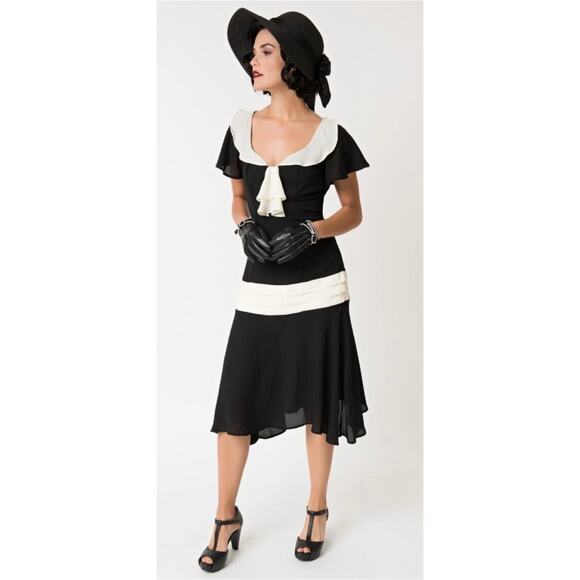 Unique Vintage 1920s Black & Cream Wilshire Flapper Day Dress L 10 12 NWOT - Picture 2 of 6